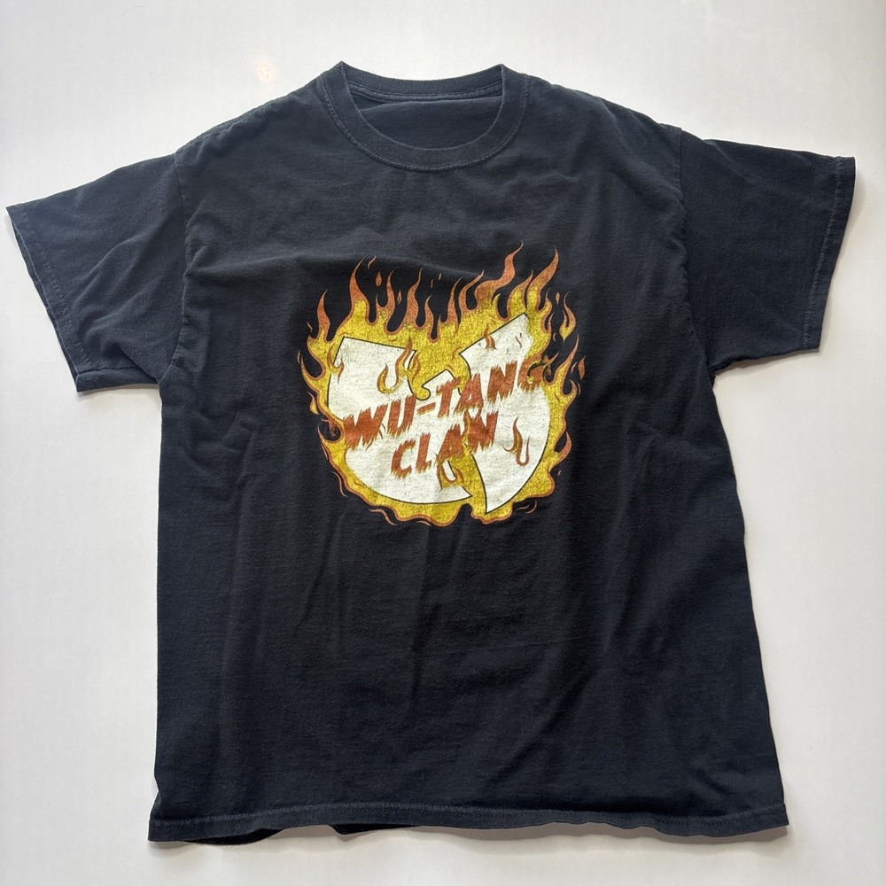 Wu Tang Clan Rap T Shirt Mens L Black Fire Flames East Coast Hip Hop Rap NYC Y2K